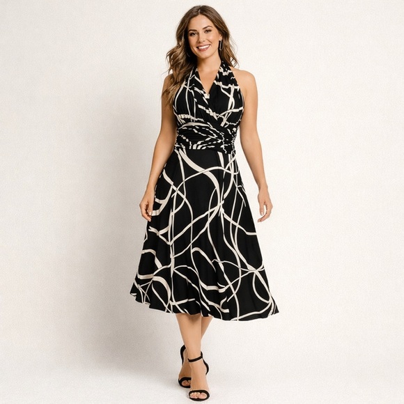 Jones Wear Dresses & Skirts - Jones Wear Dress Halter Midi Ruched Fit & Flare Slimming Black Cream Size 8